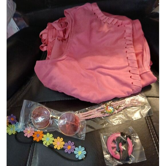 Pink HIPPIE Outfit Lg Fringe Vest Headband Peace necklace & Earrings Sunglasses - Picture 6 of 7